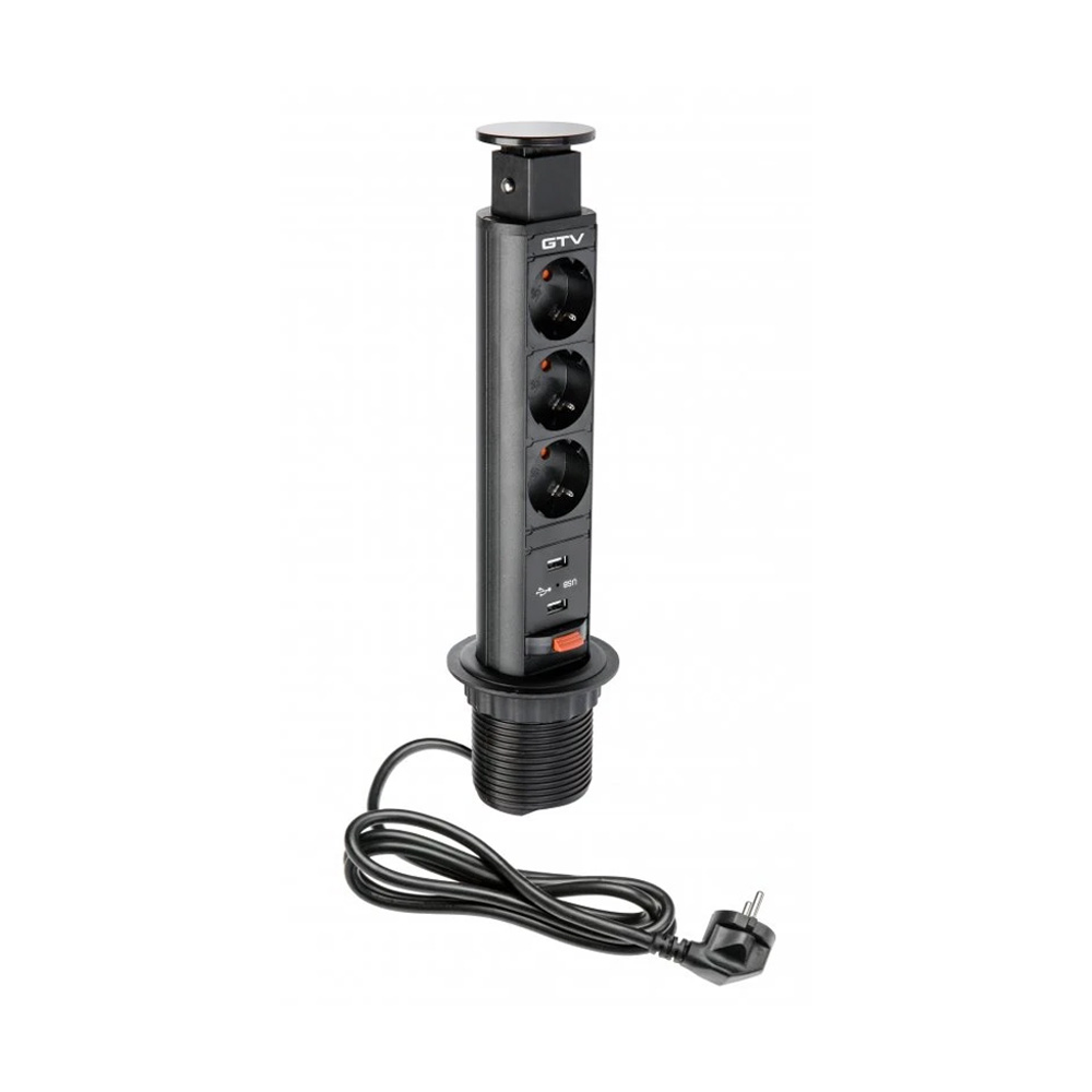 El-søyle 60mm 3stk 230V uttak 2stk USB – Sort