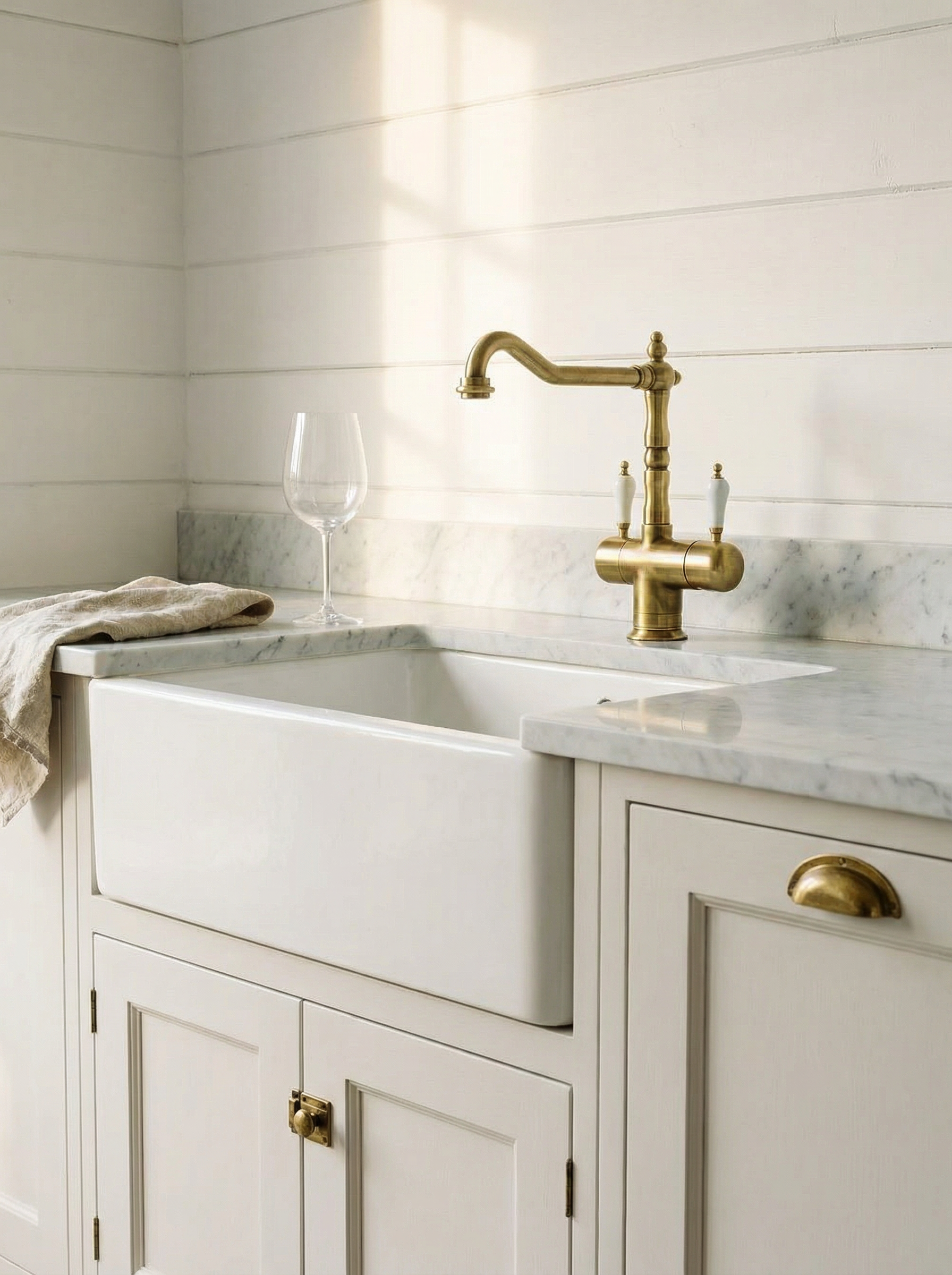 Kjøkkenarmatur i bronse i kjøkken i klassisk stil